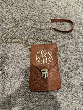 Monogram Brown Leather Crossbody Phone Bag with Gold Chain